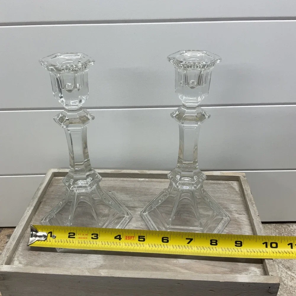 Toscany Lead Crystal Candlestick Set Hexagon Base 8.5 Inch Made in USA Clear